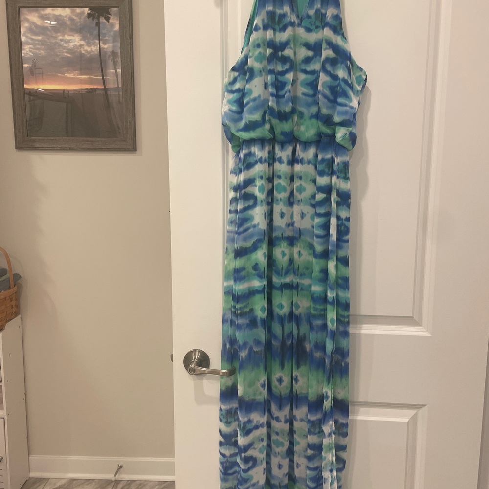 Halter Teal and Blue Sheer Maxi Dress (AsUWish)
